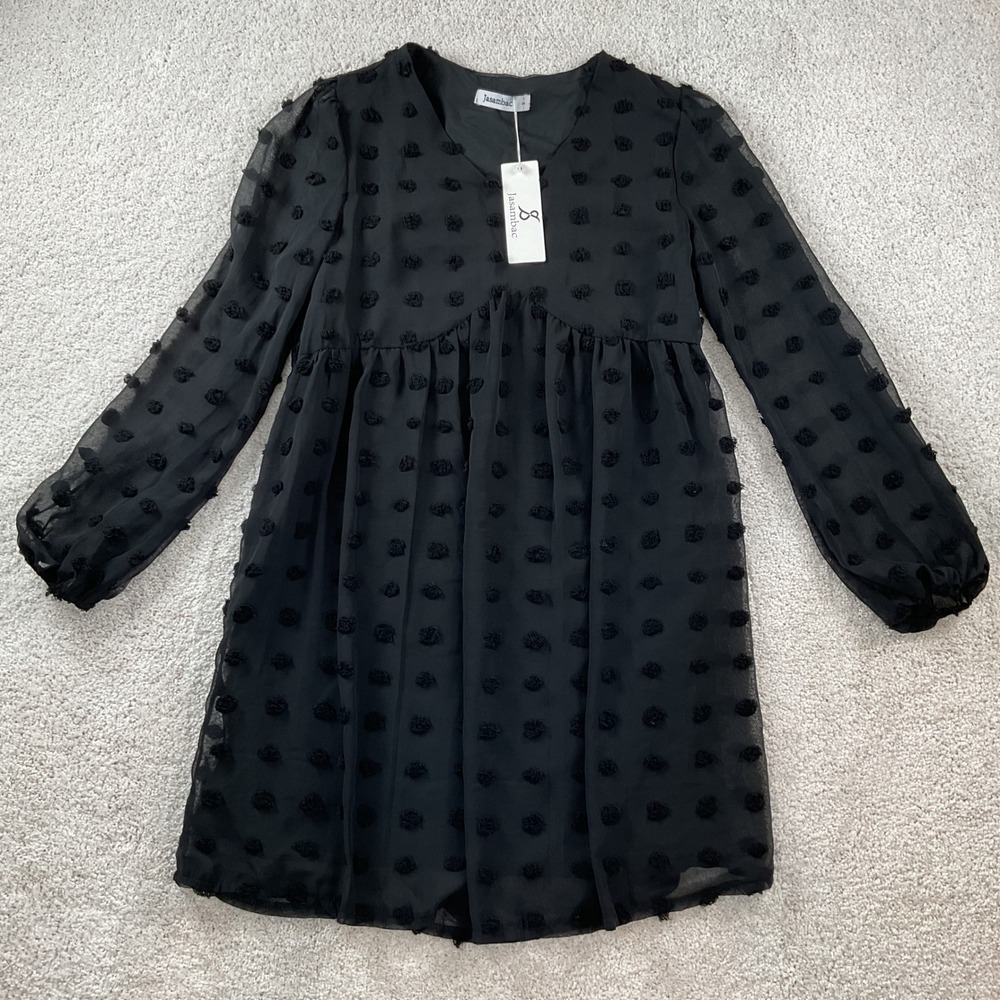 Jasambac Black Swiss Dot Balloon Sleeve‎ V-Neck Babydoll Mini Dress Small NWT